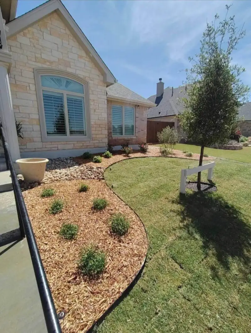 Curved front-yard mulch bed with new shrubs and a young tree beside a limestone home