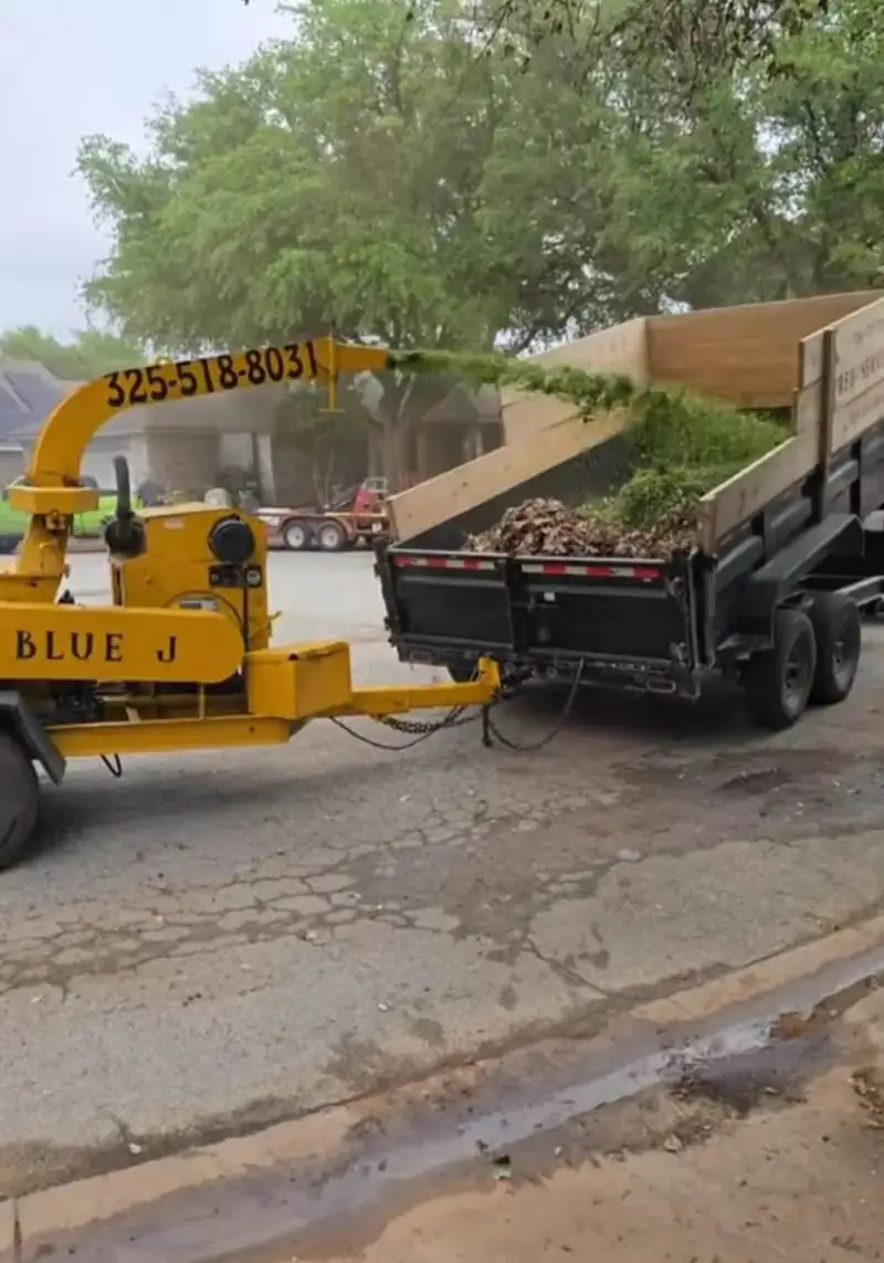 Blue J chipper and a loaded trailer hauling away debris after a tree removal